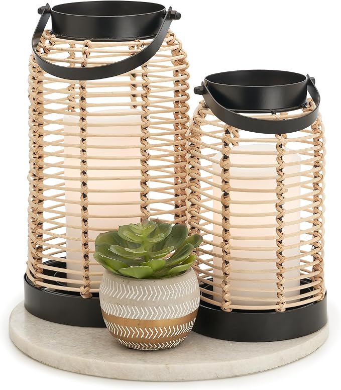 Natural Rattan Boho Lanterns - Handcrafted Chic Decor to Enhance Your Home - Modern Farmhouse Beauty Perfect for Any Living Room, Patio & Porch, Indoor and Outdoor Coffee Table or Kitchen Dining Table by KIBAGA