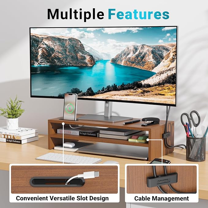 BONTEC Wood Monitor Stand Riser, 2-Tier Desktop Organizer | Ergonomic Computer Stand for Desk, Cable Management, Cellphone Holder, 21.3 Inch Shelf, Walnut - Image 4