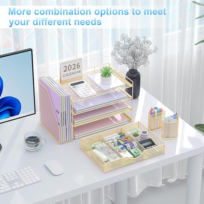gianotter Desk Organizers and Accessories with File Holder, 4-Tier Desk Accessories & Workspace Organizers with Drawer and 2 Pen Holder, Paper Organizer for Office Supplies(Gold) - Image 3