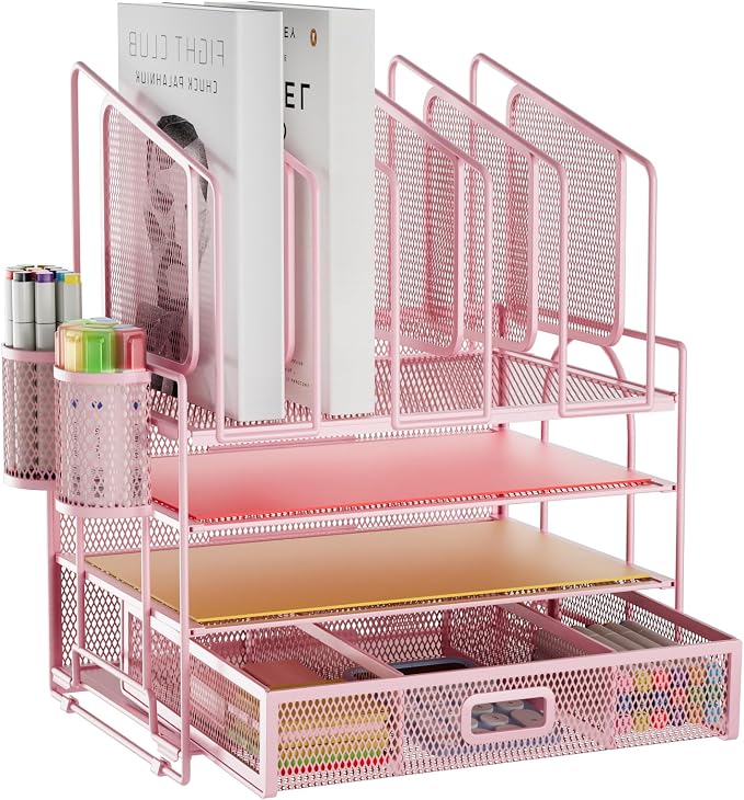 Marbrasse Desk Organizers, 4-Tier Mesh Desk File Organizer with 5 Vertical File Holders and 2 Pen Holders, Multifunction Desktop Organizer,Desk Organizers and Accessories for Home Office (Pink) by Marbrasse
