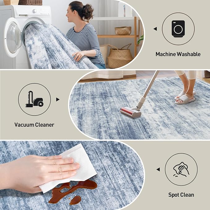 2'6''x8' Runner Rugs Washable Rug: Modern Abstract Living Room Rug Soft Anti-Skid Thin Carpet Indoor Floor Non-Shedding Carpets for Bedroom Dining Room Farmhouse Nursery Home Office - Blue White - Image 3