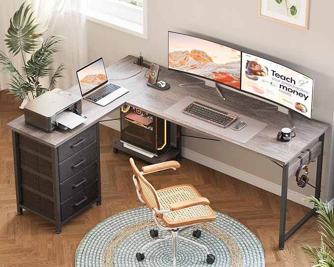 AODK 61" L Shaped Gaming Desk with 4 Drawers and Power Outlets, Grey | USB Ports, PC Tower Stand, Hooks, Reversible Corner Layout for Gaming Rooms, Bedrooms and Home Office - Image 7