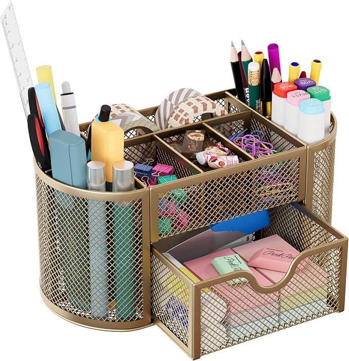 EasyPAG Mesh Pen Holder Desk Organizer with Drawer Stationery Supplies Organizer for Dorm School 9 Compartments Workspace Desk Accessories Organization for Office, Gold by EasyPAG