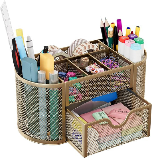 EasyPAG Mesh Pen Holder Desk Organizer with Drawer Stationery Supplies Organizer for Dorm School 9 Compartments Workspace Desk Accessories Organization for Office, Gold by EasyPAG