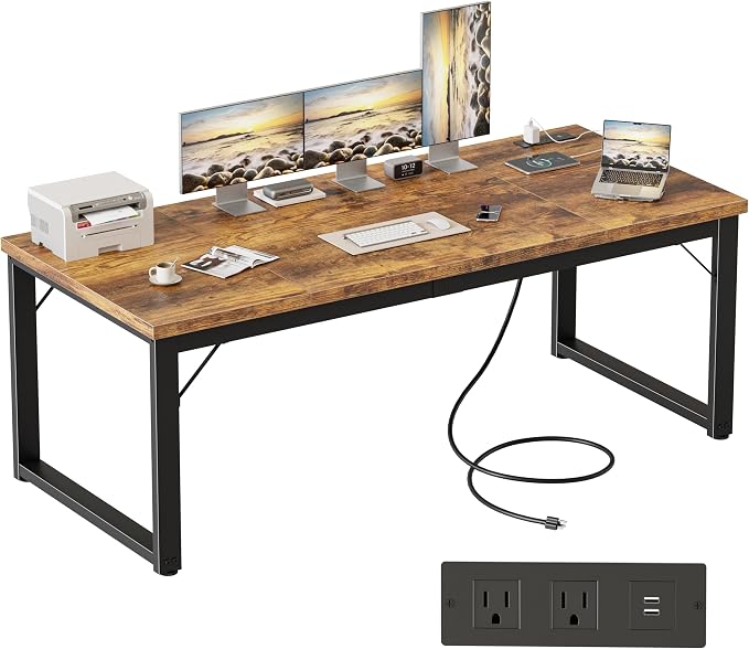 Mericonia 63 Inch Computer Desk with Power Outlets, 1.2" Thick Office Table | Modern Simple Style, Heavy Duty Industrial Frame, Large Study & Writing Table for Home Bedroom Work, Brown by MERICONIA