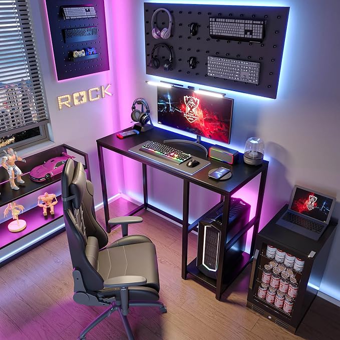 SINPAID Computer Desk 47 inches with 2-Tier Shelves Sturdy Home Office Desks with Large Storage Space Modern Gaming Desk Study Writing Laptop Table, Black - Image 2