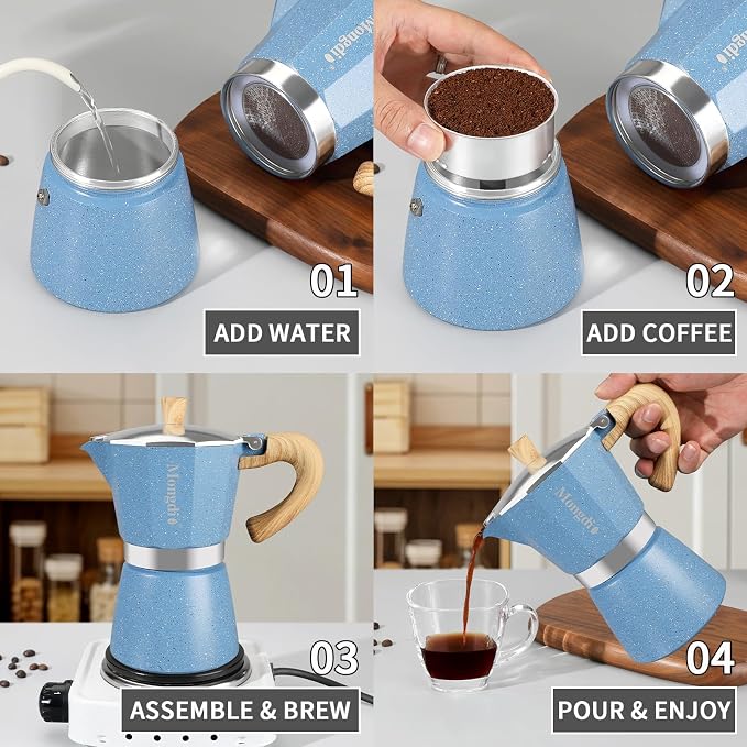 Mongdio Stovetop Espresso Maker Moka Pot, Cuban Coffee Maker Stove top coffee maker Moka Italian Espresso Greca Coffee Maker Brewer Percolator, 9 Espresso Cups, 15 oz - Blue - Image 4