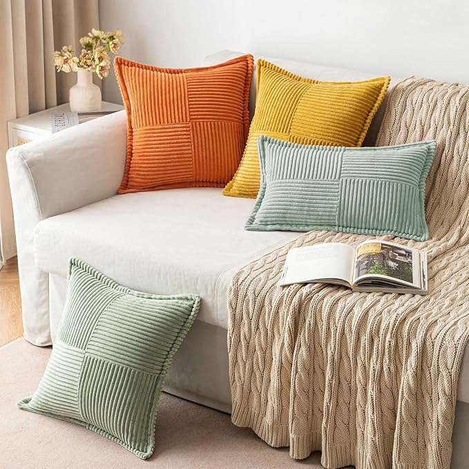 MIULEE Spring Decorative Throw Pillow Covers for Couch Bed Livingroom 20x20 Inch Set of 2 Greyish Green Boho Accent Throw Pllows Broadside Striped Patchwork Soft Corduroy Summer Pillowcases - Image 5