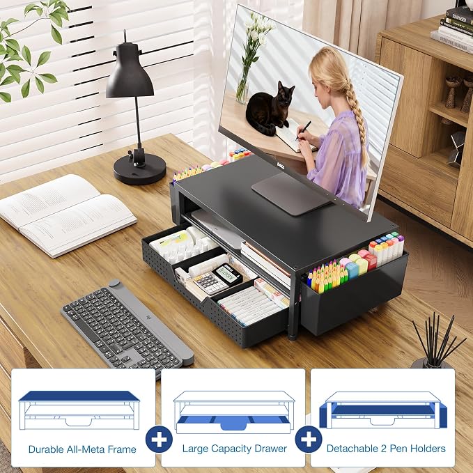 OPNICE Desk Organizers and Accessories, Computer Monitor Stand Riser with Drawer and 2 Pen Holders, Printer & Laptop Stand, Office Desk Accessories & Workspace Organizers for Home Office Supplies, Black - Image 4
