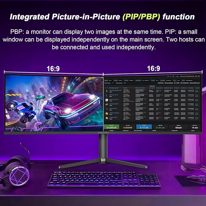 Amzfast 49 Inch Curved Monitor 120Hz DQHD (5120x1440) Ultrawide Gaming Monitor, 120% sRGB, 1500R, 1ms MPRT, HDR, Adaptive Sync, PIP/PBP, Height Adjustable, HDMI 2.0/DP 1.4, VESA 75x75, AMZG49C7U - Image 6