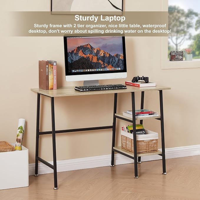 VECELO 43 Inch Computer Home Office Desk, Modern Simple Writing Desk with Storage for Bedroom, Simple Table Modern Student Study Desk,Water Proof, Oak+Black Leg - Image 3