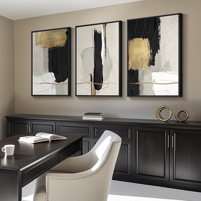 Large Framed Black and White Abstract Wall Art, 3 Piece Modern Canvas Prints Paintings Artwork for Walls, Minimalist Black Beige Gold Pictures for LIving Room Bedroom Office Wall Decor Total 30x60 In - Image 2