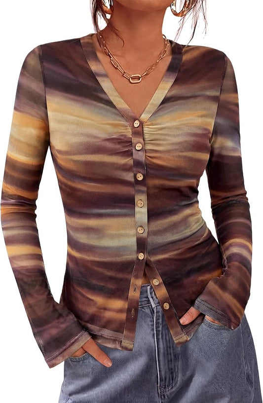 BTFBM Button Down Shirts for Women 2026 Fall Boho Tops V Neck Long Sleeve Blouses Ruched Mesh Fitted Fashion Clothing by BTFBM