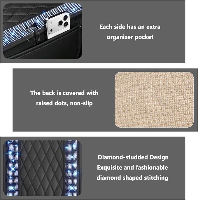 Stacool Upgraded Car Center Console Cover with Rhinestones,Microfiber Leather Car Armrest Cover Cushion with 2 Storage Bags,Universal Cars Armrest Storage Box as Cars Interior Accessories - Image 3