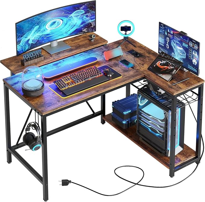 Bestier 42-Inch L-Shaped Gaming Desk with Charging & LED, Rustic Brown | Charging 2AC+USB+Type-C, RGB LED 7 Colors/20 Modes, Reversible Storage Shelves, 3D Carbon Fiber, Headphone Hook, Small Space by Bestier