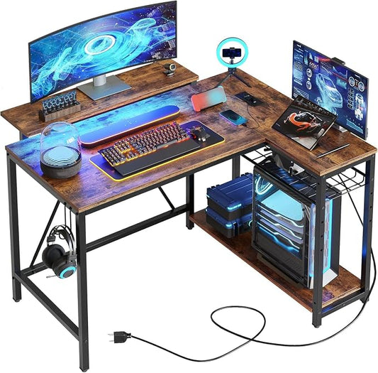 Bestier 42-Inch L-Shaped Gaming Desk with Charging & LED, Rustic Brown | Charging 2AC+USB+Type-C, RGB LED 7 Colors/20 Modes, Reversible Storage Shelves, 3D Carbon Fiber, Headphone Hook, Small Space by Bestier