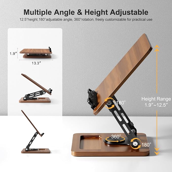 OPTIXCELL Book Stand for Reading, 360° Rotating Book Holder, Page Clips | Hands Free, Built-in Storage Tray, Adjustable Height Angle, Non-Slip, Foldable 13.3x9.4x1.9in, Fits Cookbook Tablet & Laptop - Image 5