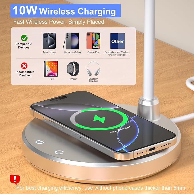 LED Desk Lamp for Home Office with Wireless Charger, Silver | 3 Color Modes Dimmable Eye-Caring Study Reading Dorm Desk Lamp, 360° Flexible Arm Table Lamp for College Dorm Room, 800 Lumen - Image 2