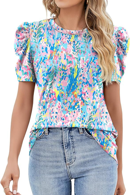 Ivicoer Puff Short Sleeve Shirt for Women Eyelet Tops Summer Crewneck Blouse Loose Fit S-XXL by Ivicoer