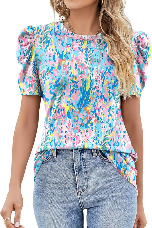 Ivicoer Puff Short Sleeve Shirt for Women Eyelet Tops Summer Crewneck Blouse Loose Fit S-XXL by Ivicoer