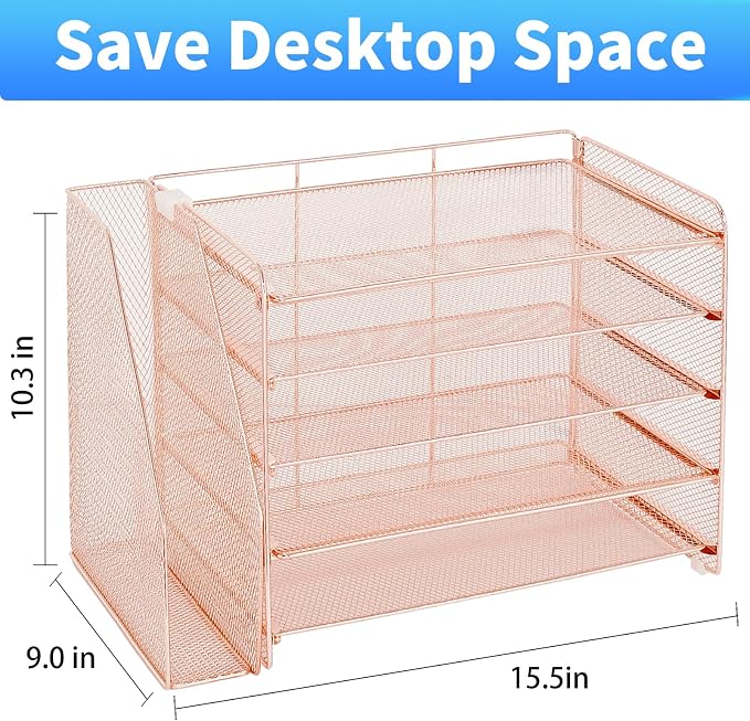 OPNICE Desk Organizer, 5-Tier Paper Organizer Letter Tray with Magazine Holder, Office Desk Accessories & Workspace Organizers, Desktop File Organizer for Office Supplies Storage, Rose Gold - Image 5