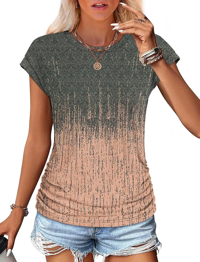 Sampeel Womens Summer Tops Trendy 2026 Ruched Cap Short Sleeve Tshirts Shirts Crew Neck T Shirts Fashion - Image 2