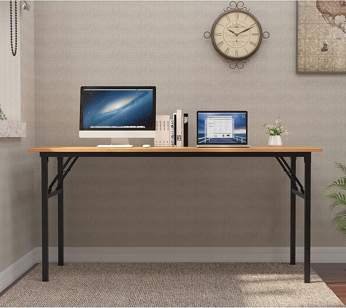 Need Home Office Desk - 62 Inches Large Computer Desk Sturdy Black Table Foldable Desk Gaming Computer Table No Assembly Required Teak AC5BB(157.5 * 60) | Black Frame Writing Gaming Work Table/Foldable Home Office Desk/Sewing Table, No Assembly Required - Image 2