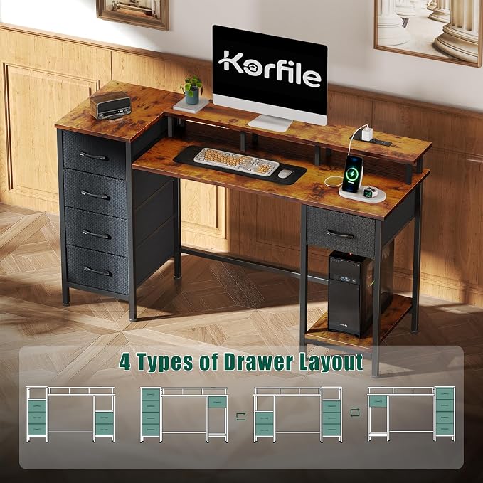 Korfile 47 Inch Computer Desk with Power Outlets,LED,5 Drawers,Rustic Brown | For gaming and working,built-in power outlets and LED lights, 5 fabric storage drawers, 47-inch, monitor stand,, rustic brown - Image 7