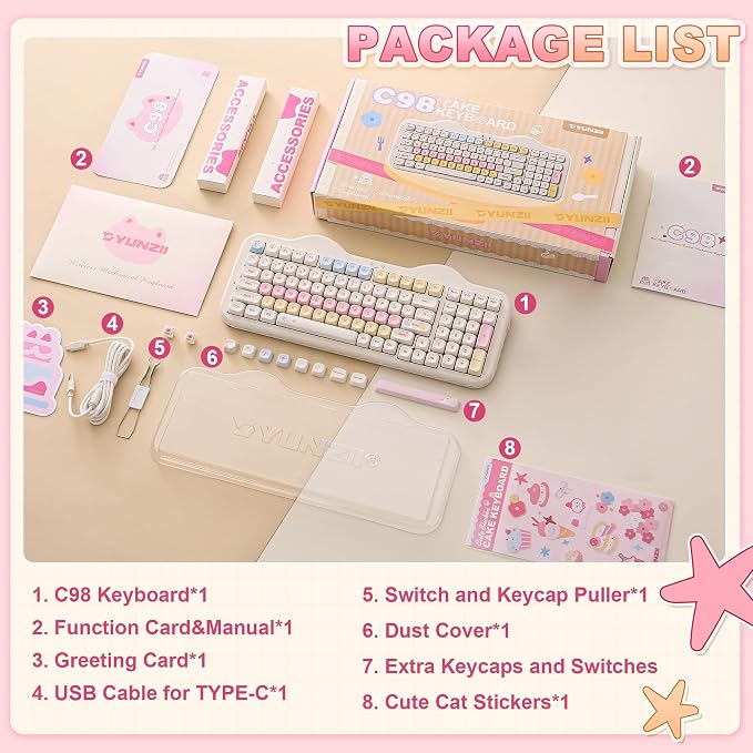 YUNZII C98 Cute Cake Wireless Mechanical Keyboard (Beige, Candy Switch) | 99 Keys with Number Pad, Hot Swap, PBT MOA Keycaps, BT5.0/2.4G/USB-C, Gasket Mount, Custom RGB Backlit for Win/Mac - Image 9