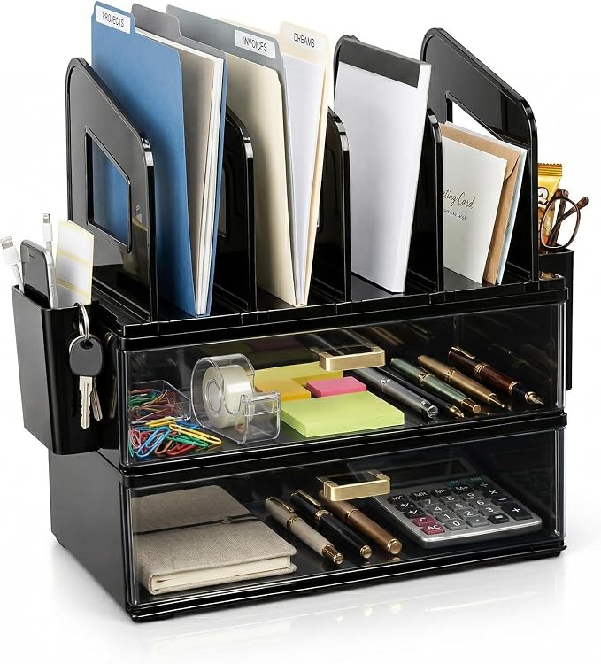 CiWiVOKi Desk Organizer with 4 File Slots and 2 Drawers, Black | File organizer with dual pen holders and storage compartments for mail, documents and office supplies by CiWiVOKi
