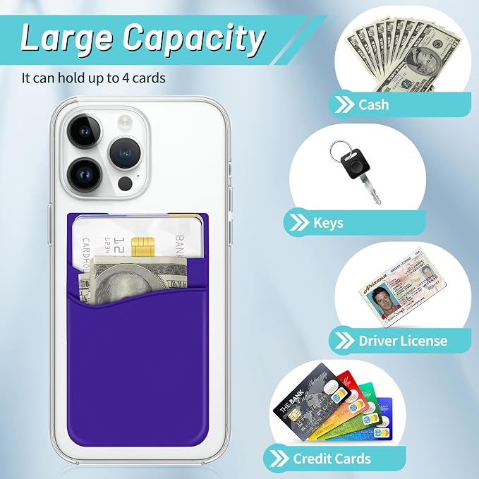 SHANSHUI Phone Card Holder, 3 Pack Cell Phone Sleeves Silicone Wallet for Credit ID Business Card Pocket Fitting for iPhone, Android and Most Smartphones - Black Purple Blue - Image 3