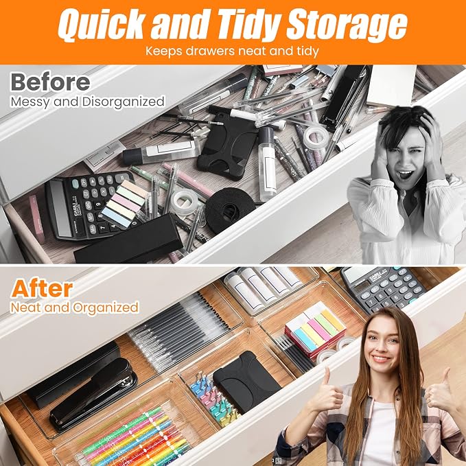 12 Pack Clear Plastic Drawer Organizer Set, Acrylic Non Slip Non Cracking Kitchen Drawer Storage Tray Large Size Divider, Multifunctional Storage for Cosmetics, Bathroom, Tools, Kitchen and Office - Image 5