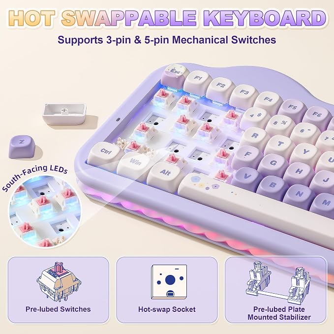 YUNZII C75 Cute 75% Wireless Mechanical Keyboard (Purple, Candy Switch) | Creamy Cake Keyboard, BT5.0/2.4G/USB-C, Hot-Swap, NKRO, PBT MOA Keycaps,5500mAh RGB Gasket Mount for Mac/Win/Gaming/Office - Image 5