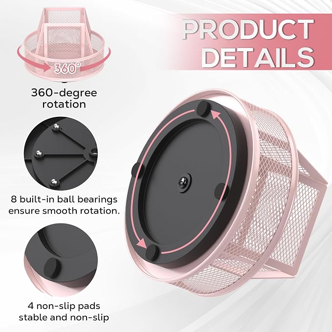 YINGHUA Metal Mesh Desk Organizer with 5 Compartments and Rotating Pencil Holder Pen and Stationery Organizer for Office Home School Anti Slip Base Pink - Image 4