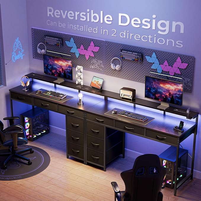 Huuger Gaming Desk with 6 Drawers, Computer Desk with LED Lights Power Outlets and Type-C, 47 Inch Office Desk with Storage, Monitor Stand, Writing Desk Work Desk Home Office, Bedroom, Black - Image 9