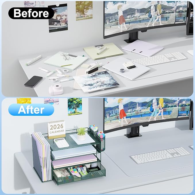 gianotter 4-Tier Desk Organizer with Drawers, File Holders, Letter Trays and Pen Holders - Workspace Accessories for Office Supplies (Green) - Image 2