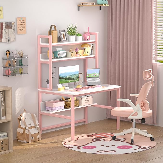 Aquzee Pink Girls Desk Hutch, 47in Woman Computer Desk with Bookshelf & Storage Shelves, Space Saving Girls Writing Study Craft Table for Bedroom Kids Room, White Wood & Pink Iron Home Office Desks - Image 2