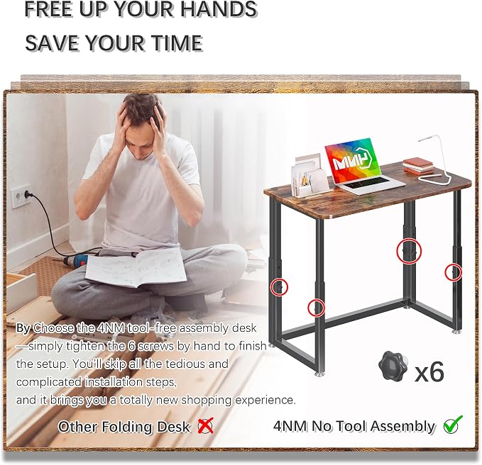 4NM No Tool Assembly 31.5" Small Desk, Folding Portable Desk with Wheels, Adjustable Height Foldable Computer Home Office Desks, Collapsible Study Writing Table for Space Saving Bedroom - Rustic Brown - Image 5
