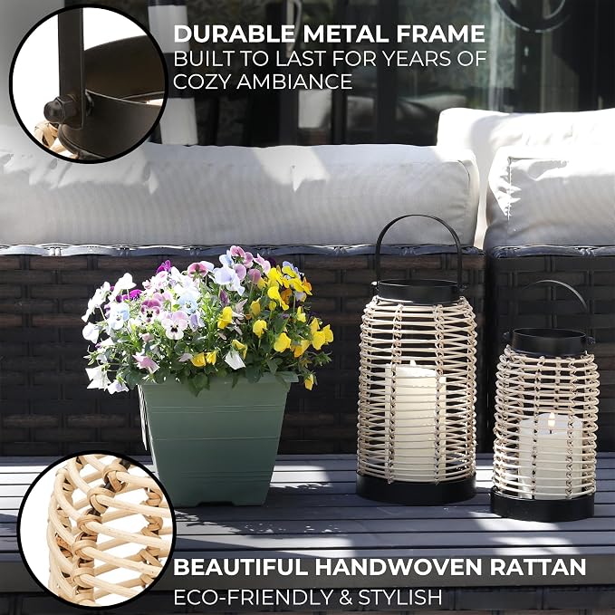Natural Rattan Boho Lanterns - Handcrafted Chic Decor to Enhance Your Home - Modern Farmhouse Beauty Perfect for Any Living Room, Patio & Porch, Indoor and Outdoor Coffee Table or Kitchen Dining Table - Image 3