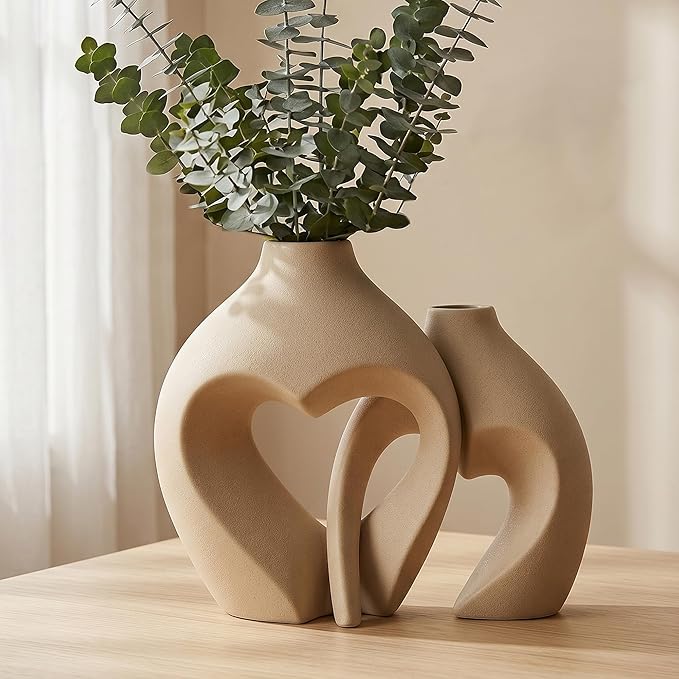 Ceramic Flower Vases Home Decor Heart Shaped Vase Set of 2 | Nordic Heart Shaped Vases Minimalist Decorative Vase for Table Centerpiece Wedding Dining Living Room Office House Decoration by Zormon