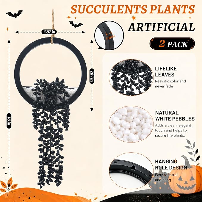 Der Rose 2 Pack Black Fake Hanging Plants Artificial Plants, Faux Succulent Wall Decor for Bathroom Bedroom Living Room Kitchen, Halloween Decor - Image 3