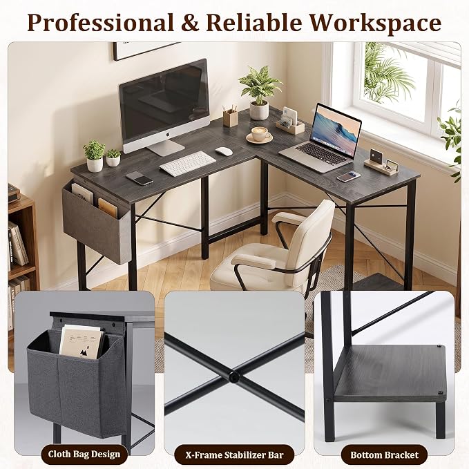 Alpen Gaming Desk, Home Office L Shaped Desk, Small Computer Corner PC Table with Side Bag and Reversible Shelf, Sturdy Writing Workstation for Bedroom, Living Room, Grey - Image 7