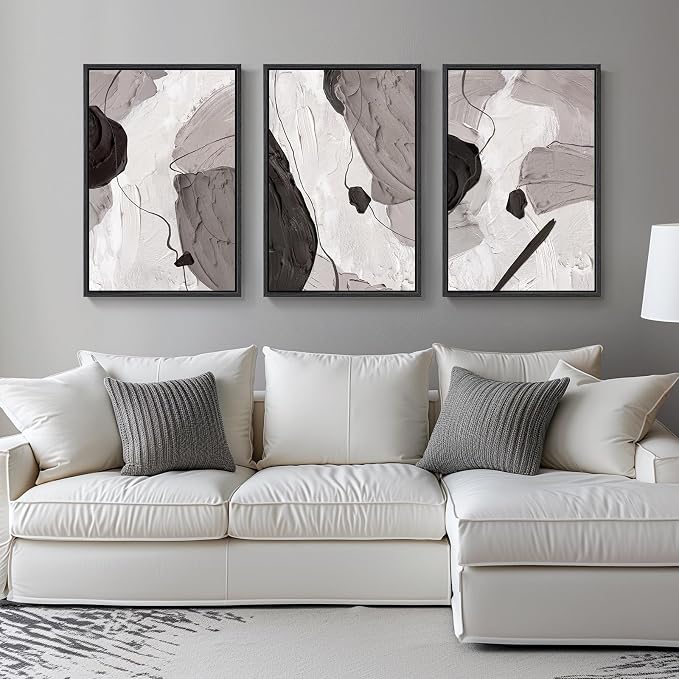 Large Framed Black and White Grey Abstract Wall Art for Living Room, 3 Piece Modern Canvas Prints Paintings Artwork for Walls, Minimalist Abstract Pictures for Hallway, Office Wall Decor 24x36 Inch - Image 2
