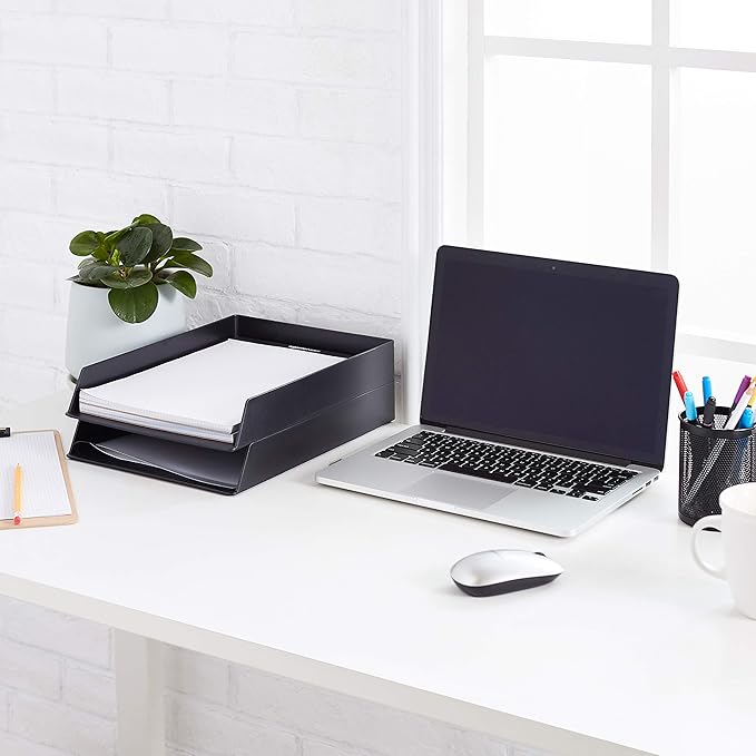 Amazon Basics Rectangular Plastic Desk Organizer, Letter Size Tray, 4-Pack, 9.7 x 2.2 x 13 inches, Black - Image 5