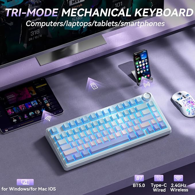 SOLAKAKA A75 Wireless Mechanical Keyboard, Hot Swappable Gaming Keyboard with RGB Backlit, Multifunction Knob, Gasket Mounted Creamy Keyboard, BT5.0/2.4GHz/USB-C, 75% Compact Layout for Win/Mac/PC - Image 3