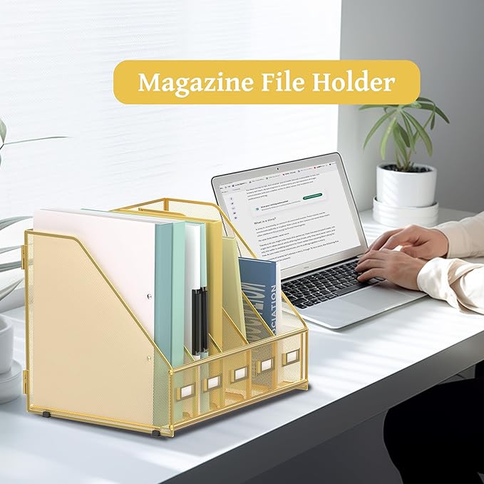 SUPEASY Desk Organizers Metal Desk Magazine File Holder with 5 Vertical Compartments Rack File Organizer for Office Desktop, Classroom, Home Workspace, Gold - Image 7