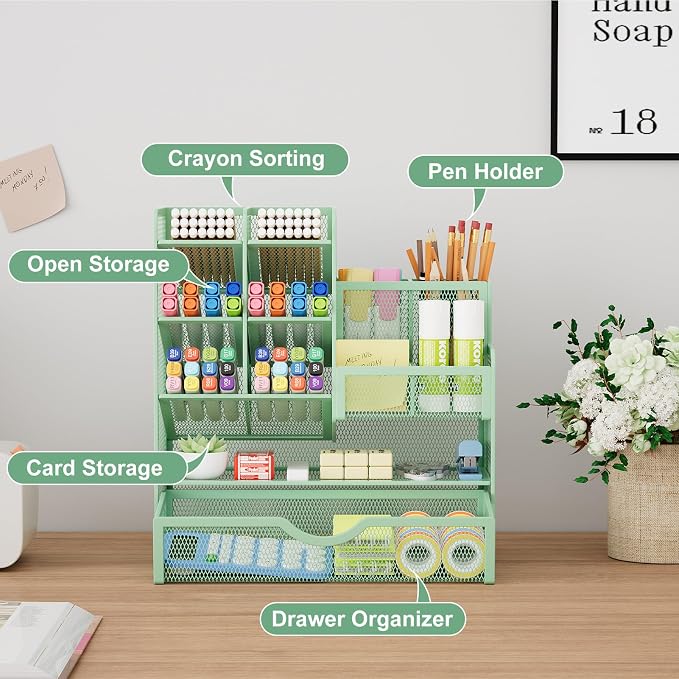 Marbrasse Mesh Pen Holder for Desk, Multi-Functional Pencil Organizer with Drawer, Desk Organizers and Accessories for Office Art Supplies (Green) - Image 2