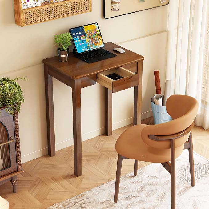 Wood Desk with Drawers - Solid Wood Mid Century Modern Desks for Bedroom, Small Computer Desk for Laptop, Study, Makeup, 23.6 W x 29.5 H x 15.7 D in, Walnut Color by Sumbame