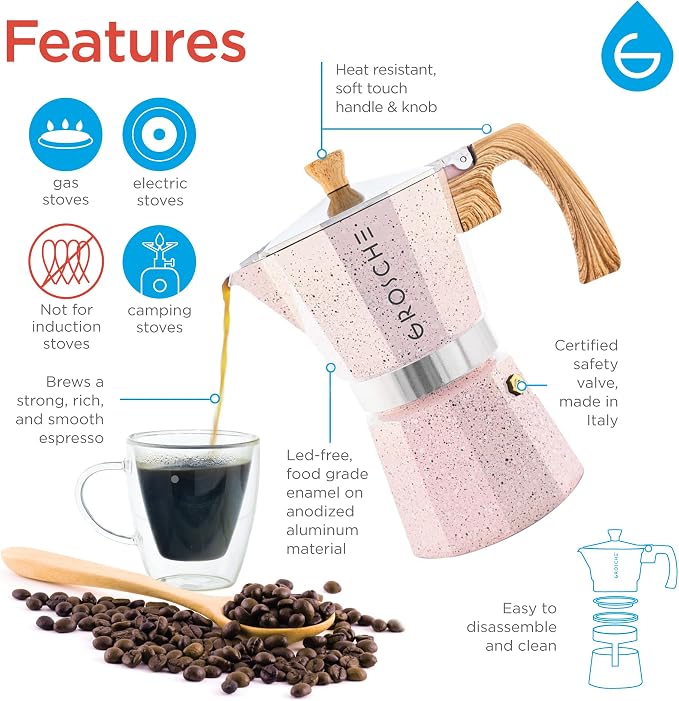GROSCHE Milano Stovetop Espresso Maker Moka Pot 9 espresso Cup 15.2 oz Pink | Cuban Coffee Maker And Italian Moka Pot For Stovetop Espresso; For Gas, Electric, And Propane Stoves With A Soft-Touch Handle - Image 3
