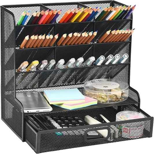 Marbrasse Mesh Pen Holder for Desk, Multi-Functional Pencil Organizer with Drawer, Desk Organizers and Accessories for Office Art Supplies (Large Black) by Marbrasse